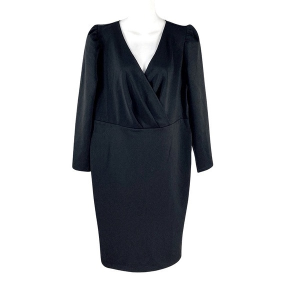 Eloquii black faux wrap puff shoulder sleeve jersey dress 14 QQ12